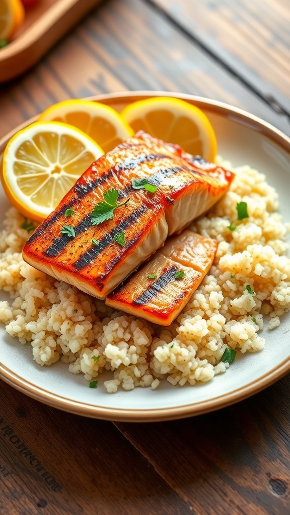 Grilled salmon on a bed of quinoa with lemon wedges and parsley on a rustic table.